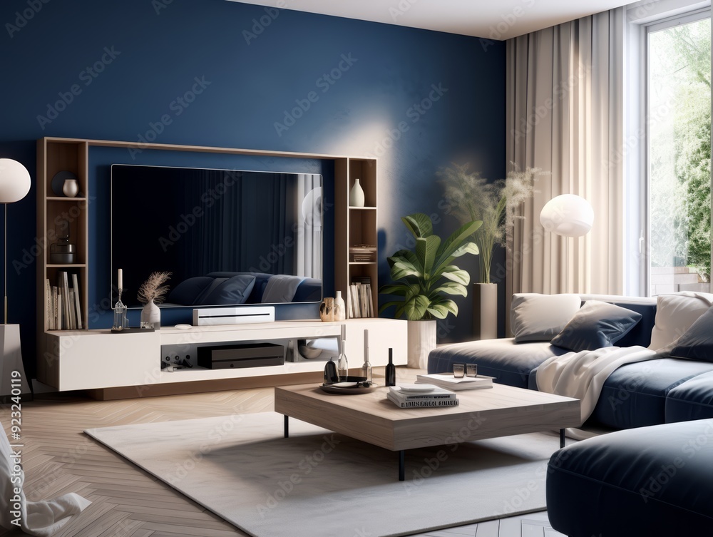 Modern living room interior with a dark blue wall, a large TV, a white rug and a blue sofa. Modern living room interior with a dark blue wall, a large TV, a white rug and a blue sofa.
