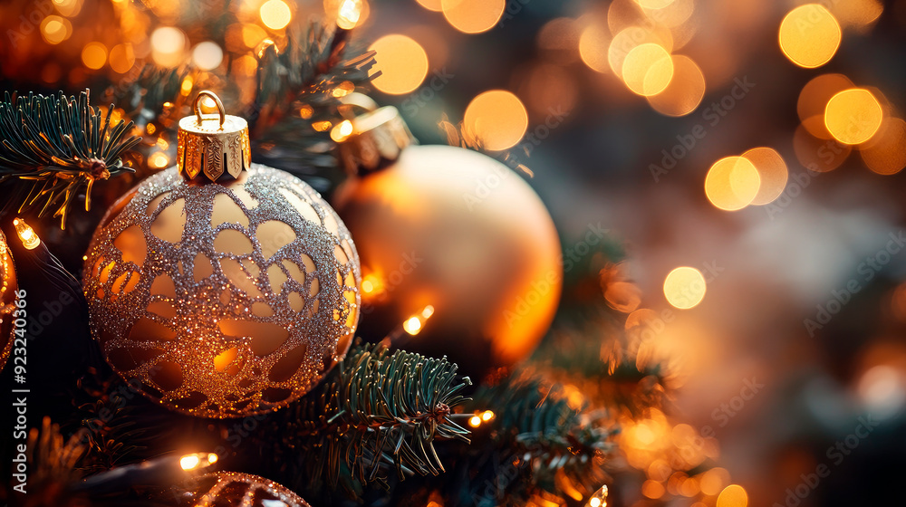 Close-up of intricately designed golden Christmas ornaments, showing the warmth of holiday lights.