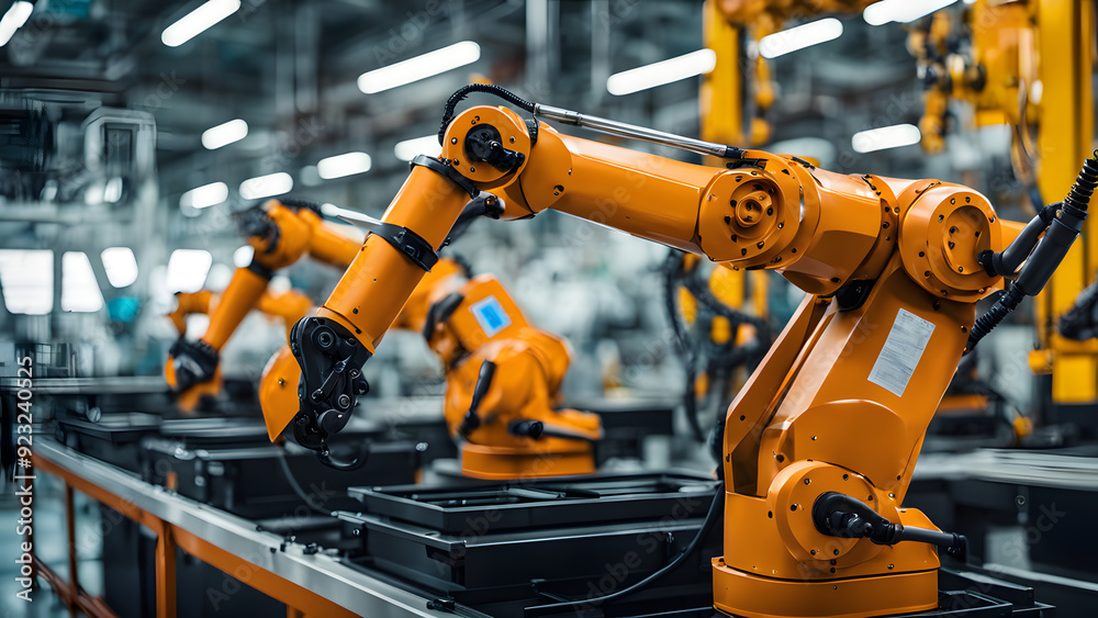robots are moving along a conveyor belt in a factory robots are moving along a conveyor belt in a factory