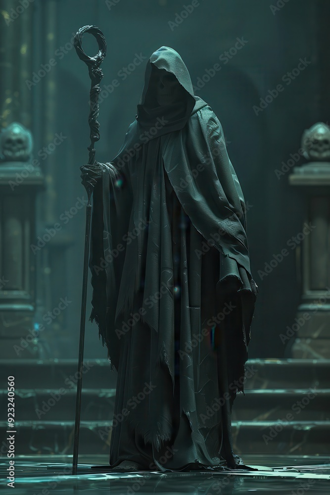 Necromancer in Dark Chapel Performing Ritual with Long Mage Staff. Fantasy Horror Illustration Necromancer in Dark Chapel Performing Ritual with Long Mage Staff. Fantasy Horror Illustration