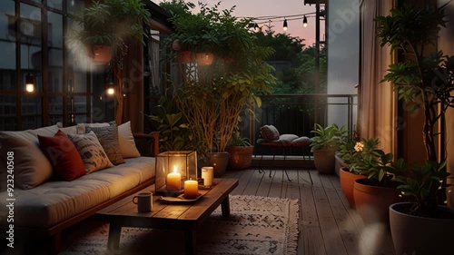 bohemian outdoor balcony with houseplant and lights. seamless looping 4k video
