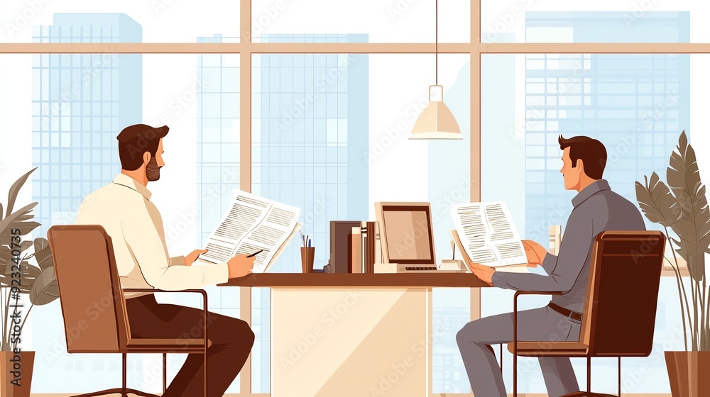 Two professionals reading newspapers in a modern office with city view, showcasing a calm and collaborative workspace. Two professionals reading newspapers in a modern office with city view, showcasing a calm and collaborative workspace.