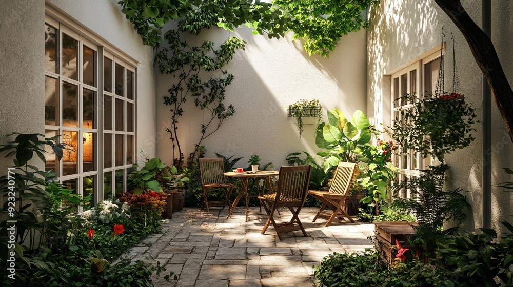3D rendering of a beautiful garden courtyard with white walls and potted plants. 3D rendering of a beautiful garden courtyard with white walls and potted plants.
