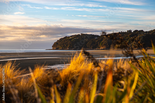 panorama of Sandy Bay seen from Marahau at sunrise - the start of famous Abel Tasman Coast Track in New Zealand South Island