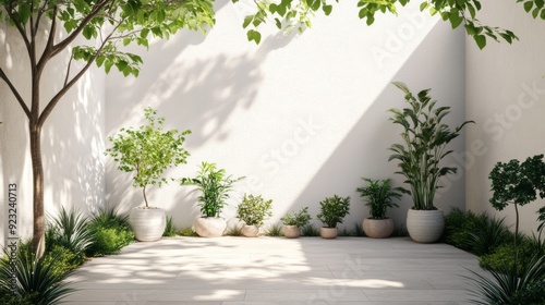 Fototapeta Naklejka Na Ścianę i Meble -  3D rendering of a beautiful garden courtyard with white walls and potted plants.