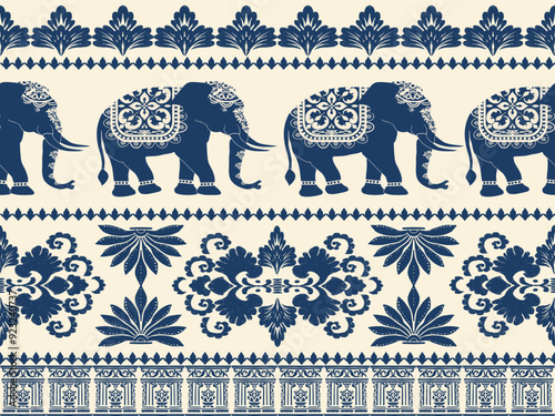 seamless damask pattern features elegant blue elephants adorned with intricate floral designs, set against a cream background. Ideal for textile design, wallpapers, and various decorative projects
