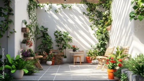Fototapeta Naklejka Na Ścianę i Meble -  3D rendering of a beautiful garden courtyard with white walls and potted plants.