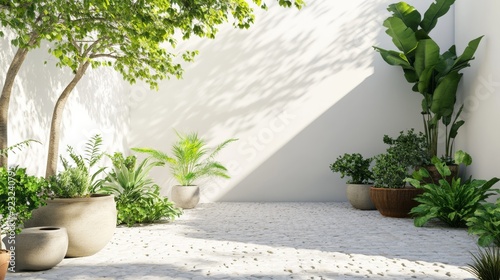 Fototapeta Naklejka Na Ścianę i Meble -  3D rendering of a beautiful garden courtyard with white walls and potted plants.