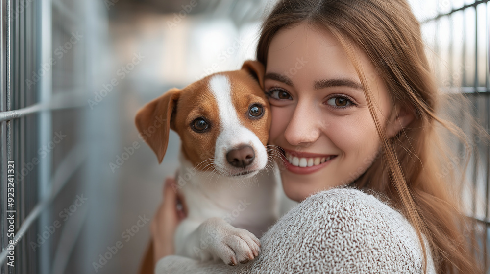 Young adult woman holding adorable dog in animal shelter Young adult woman holding adorable dog in animal shelter