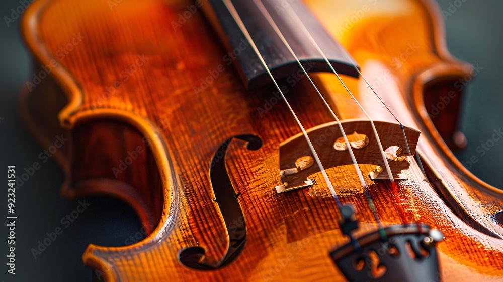 Realistic photo of a violin is strings and bridge, showing fine details and texture Realistic photo of a violin is strings and bridge, showing fine details and texture