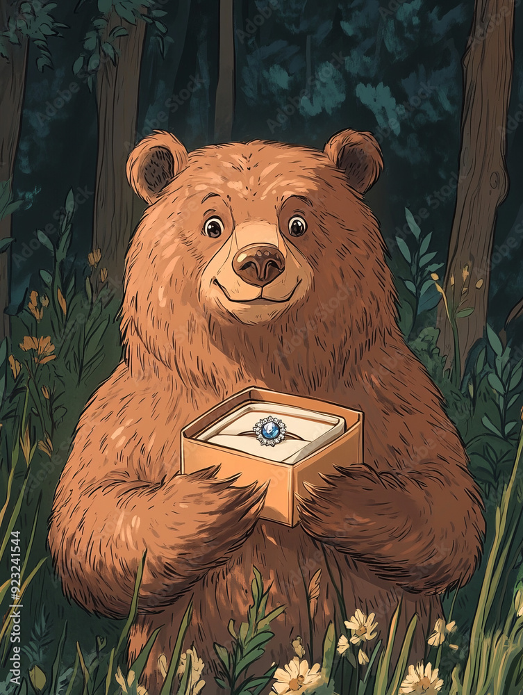 closeup illustration of a romantic bear in the woods holding a diamond ...