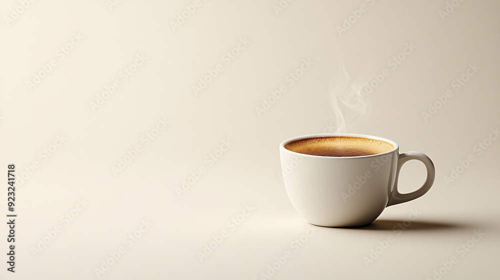 Obraz premium A sleek minimalist photograph of a single coffee cup with steam rising set against a plain white background The image's focus on whites and beiges with a pop of color from the cup creates a serene