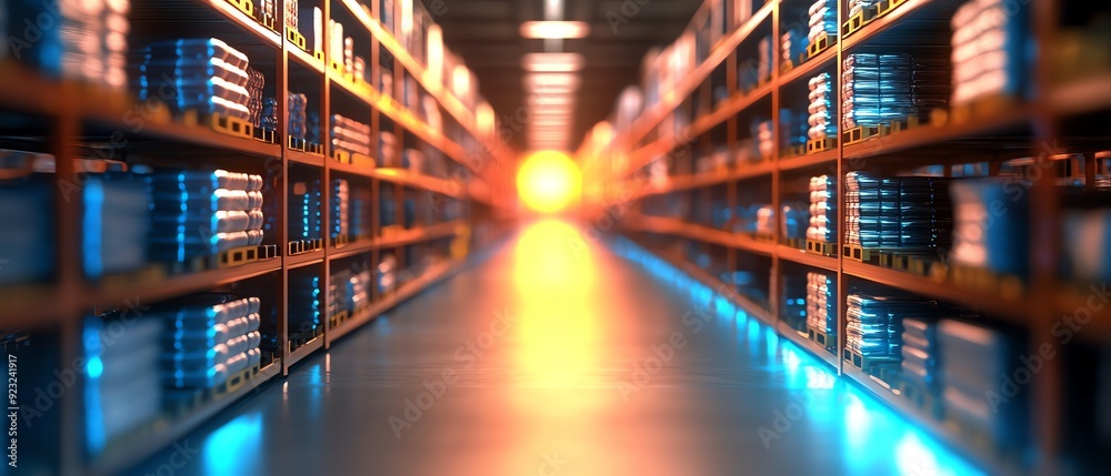 A vibrant warehouse filled with rows of shelves and glowing lights, creating a dynamic and organized storage space. A vibrant warehouse filled with rows of shelves and glowing lights, creating a dynamic and organized storage space.