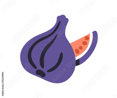 Figs, fresh and exotic fruit. Purple tropical food with flesh, seeds. Healthy natural eating, cut wedge piece. Sweet summer vitamin. Flat vector illustration isolated on white background