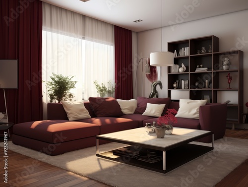 Modern living room with a burgundy sectional sofa, coffee table, and a bookshelf with decor.