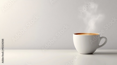 A minimalist image of a coffee cup with steam rising set against a sleek white background The image uses a restrained palette of whites and beiges with the cup adding a pop of color Stock Photo with photo