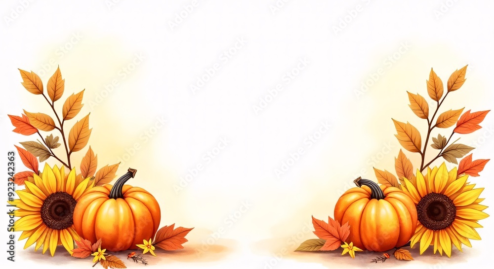 Vibrant autumn harvest scene featuring pumpkins and sunflowers, warm colors, inviting atmosphere, perfect for seasonal marketing, with ample copy space.