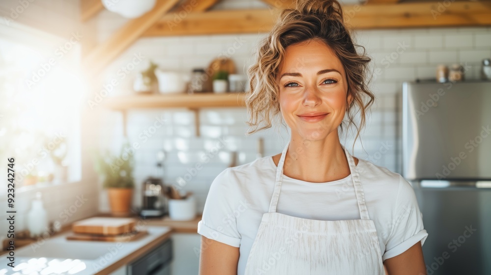 Smiling young woman in modern farmhouse kitchen Smiling young woman in modern farmhouse kitchen