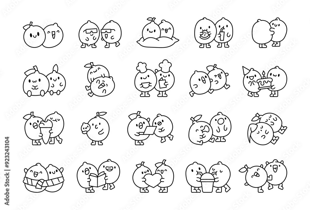 Obraz premium Couple of funny limes. Coloring Page. Happy fruits hugging. Hand drawn style. Vector drawing. Collection of design elements.