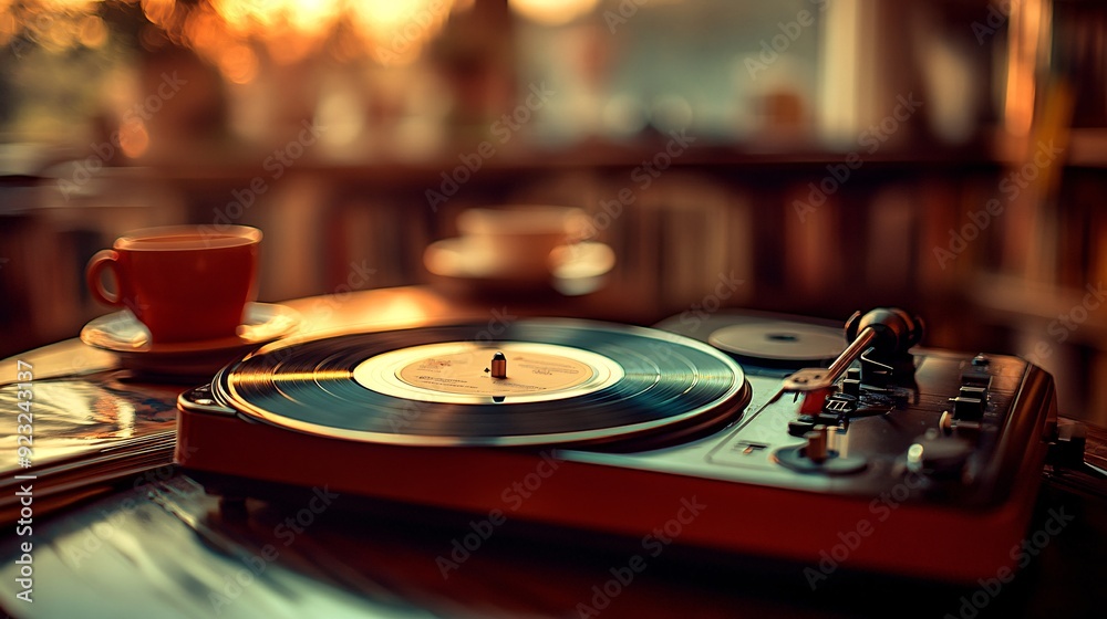 A close-up of a vinyl record spinning on a turntable set on a retro coffee table surrounded by old records and a hot cup of coffee The image is styled with sepia tones to create a warm and nostalgic A close-up of a vinyl record spinning on a turntable set on a retro coffee table surrounded by old records and a hot cup of coffee The image is styled with sepia tones to create a warm and nostalgic