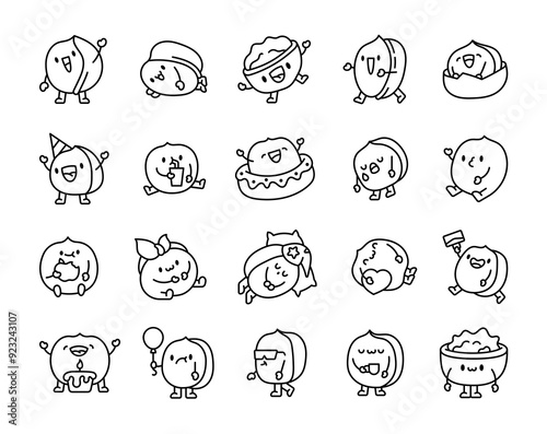 Cute kawaii walnut. Coloring Page. Lucky cartoon character. Hand drawn style. Vector drawing. Collection of design elements.