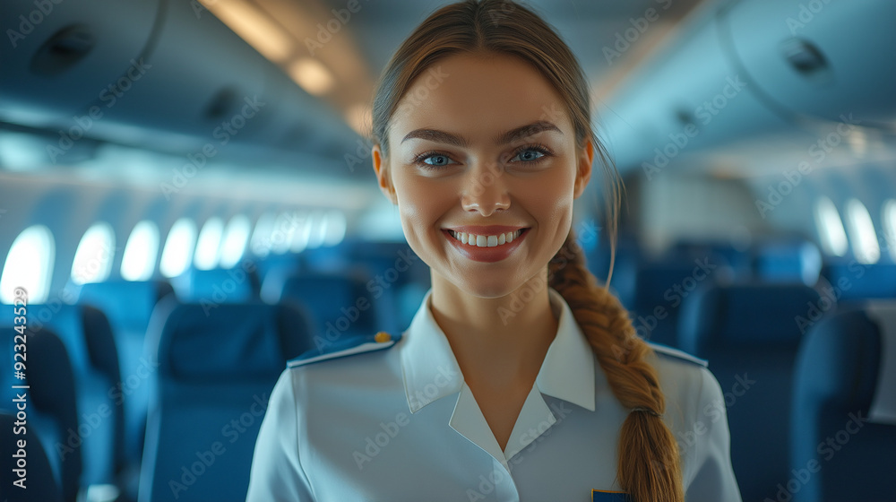 smiling stewardess on the plane 