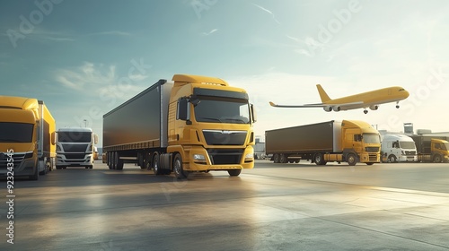 logistics company’s fleet, including trucks, vans, and a plane on the tarmac, showcasing their capability to handle various types of cargo, banner for international transport company, worldwide delive photo