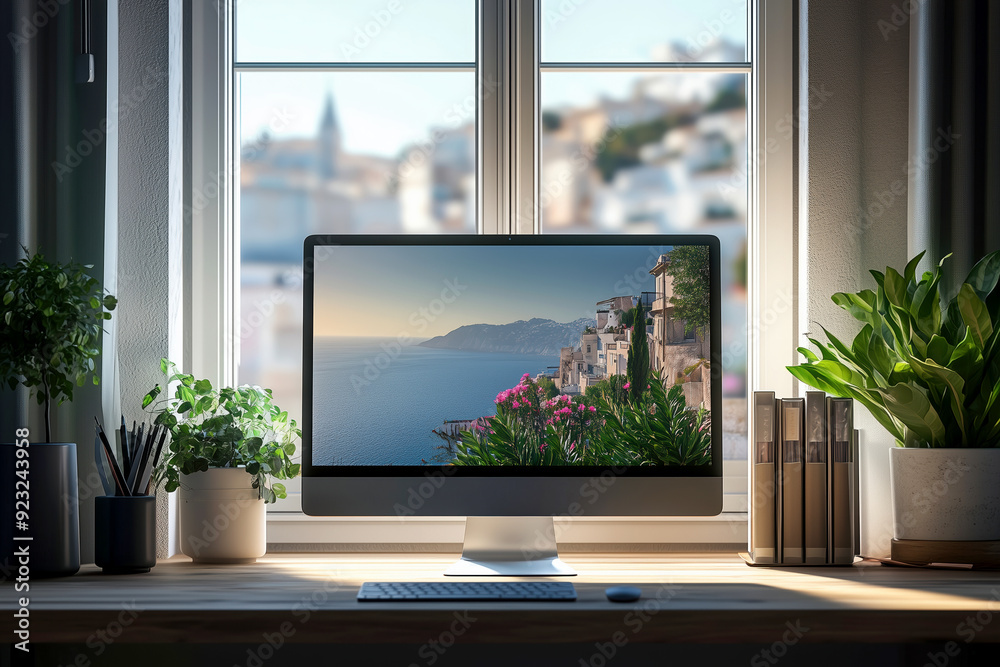 Desktop computer on a desk next to a window. Desktop computer on a desk next to a window.