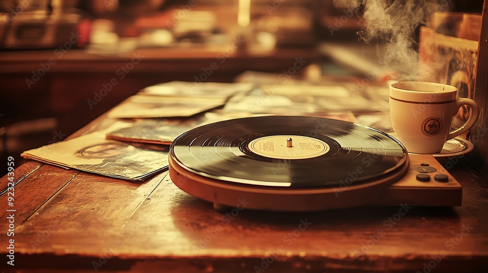A retro-inspired coffee shop scene featuring a vinyl record player on a coffee table with classic records scattered around and a steaming cup of coffee The muted sepia tones evoke a sense of A retro-inspired coffee shop scene featuring a vinyl record player on a coffee table with classic records scattered around and a steaming cup of coffee The muted sepia tones evoke a sense of