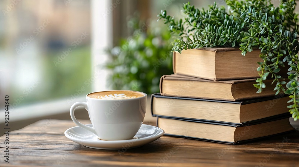A tranquil cafe setting with muted earthy colors highlighting a cup of coffee on a wooden table Soft light fills the space with blurred hints of books and greenery in the background providing a A tranquil cafe setting with muted earthy colors highlighting a cup of coffee on a wooden table Soft light fills the space with blurred hints of books and greenery in the background providing a