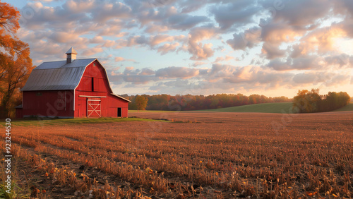 Rural landscape at sunset with classic red barn by harvested fields