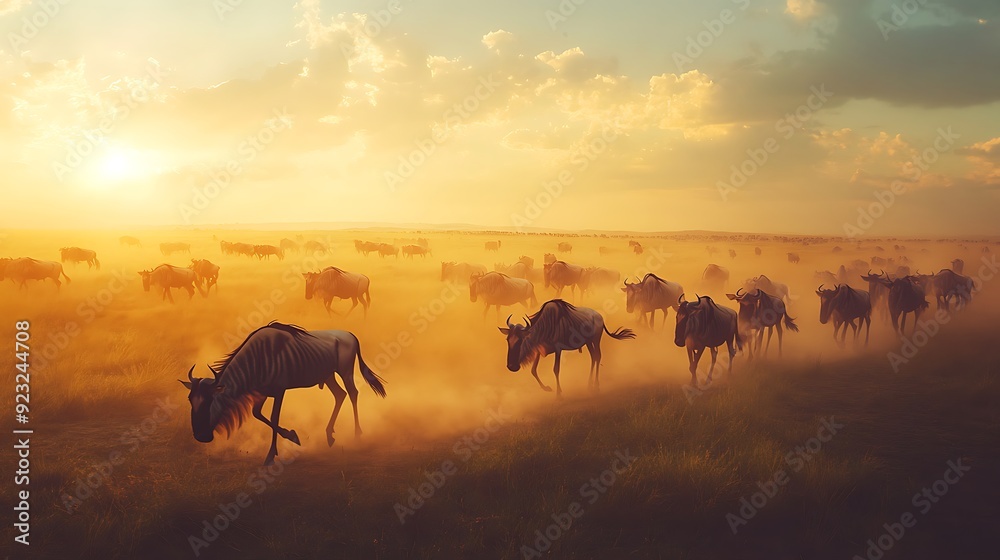 A herd of wildebeest migrating across the vast plains, dust rising from their hooves.
