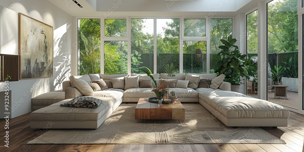 Modern living room with beige sofa, wooden table, and large windows facing a garden. Modern living room with beige sofa, wooden table, and large windows facing a garden.