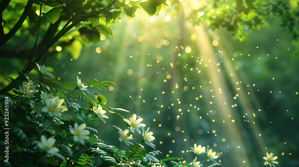Fresh green forest canopy with blooming flowers basks in the bright sunlight Fresh green forest canopy with blooming flowers basks in the bright sunlight