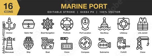 Marine Port icon set. Editable Stroke Icon Collection. Includes life jacket, lifebuoy, mercusuar, porthole, sailor hat, ship, and More. Outline icons vector collection.