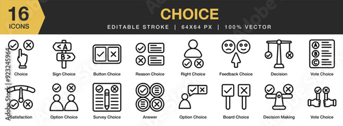 Choice icon set. Editable Stroke Icon Collection. Includes decision making, feedback, option, reason, survey, and More. Outline icons vector collection.