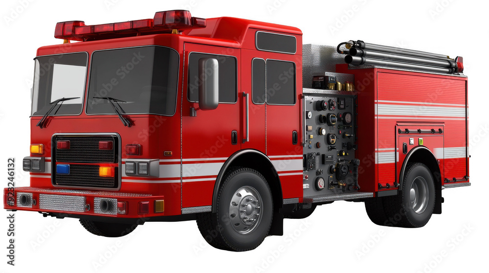 Red fire truck with emergency equipment png isolated on transparent background Red fire truck with emergency equipment png isolated on transparent background