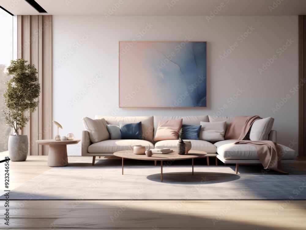 Modern living room with white couch, coffee table, and abstract painting on the wall. Modern living room with white couch, coffee table, and abstract painting on the wall.