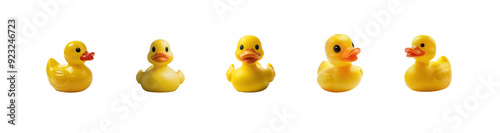 Yellow Plastic duck toy for bath room side view isolate on transparency background