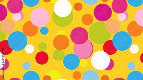 A lively array of multicolored circles fills the bright yellow background, creating a playful, energetic atmosphere