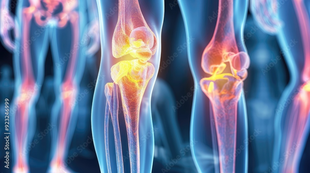 A close up of a knee with a yellow bone in it A close up of a knee with a yellow bone in it