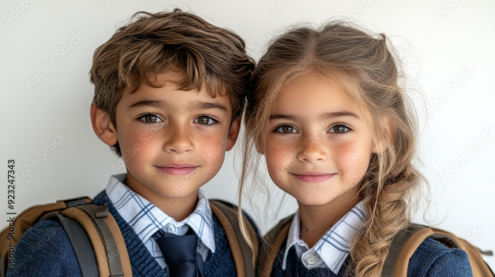 Portrait of two caucasian first-grader boy and girl with backpack dressed in school uniforms, beautiful youth faces and hairstyles , happy back to school kids Portrait of two caucasian first-grader boy and girl with backpack dressed in school uniforms, beautiful youth faces and hairstyles , happy back to school kids