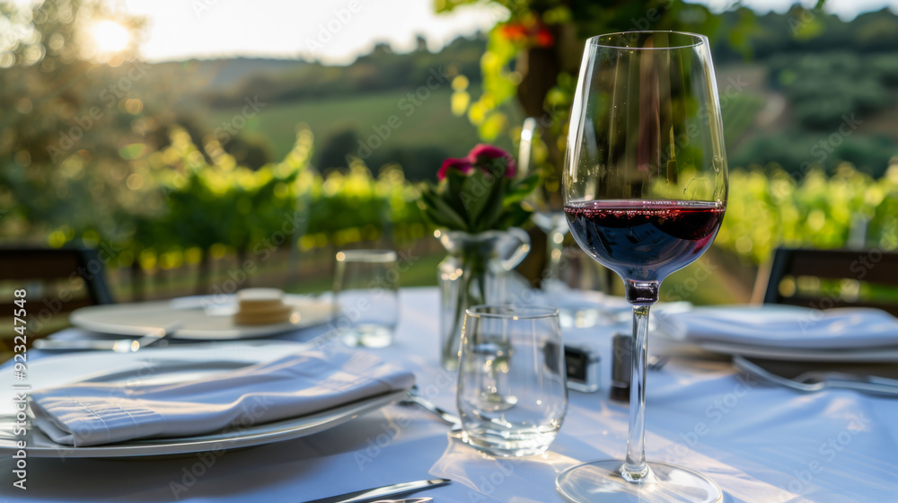 Close-up of a table set with luxurious plates and cutlery with a glass filled with red wine against the backdrop of a vineyard in sunset color. The concept of relaxation, enjoyment. Close-up of a table set with luxurious plates and cutlery with a glass filled with red wine against the backdrop of a vineyard in sunset color. The concept of relaxation, enjoyment.