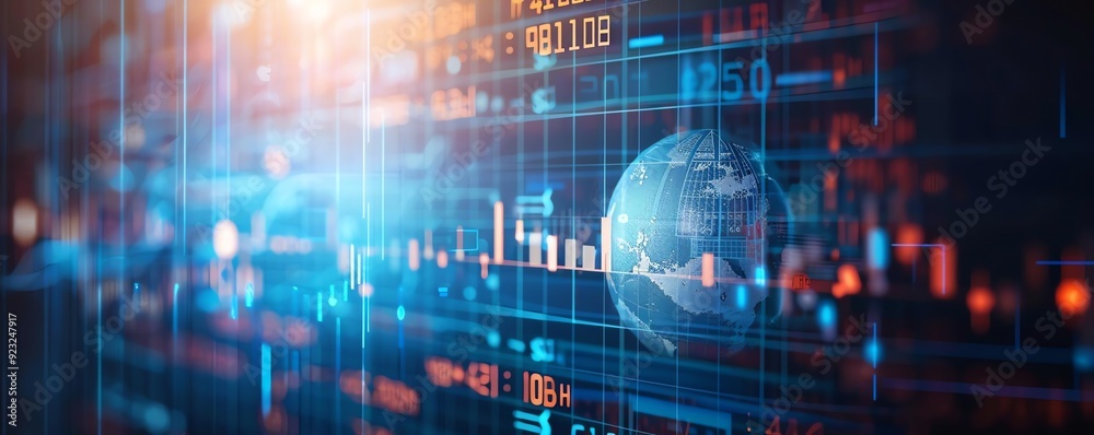 Globe surrounded by currency symbols and exchange rate graphs, global economy, forex market Globe surrounded by currency symbols and exchange rate graphs, global economy, forex market