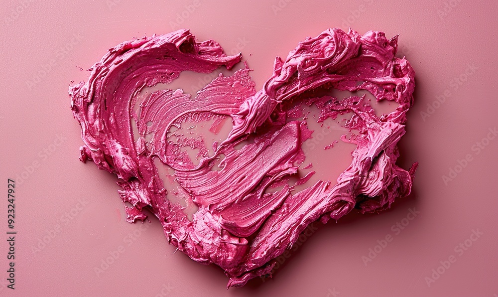 Obraz premium cream blush swatch in the shape of a heart on light pink background copy space space for text.