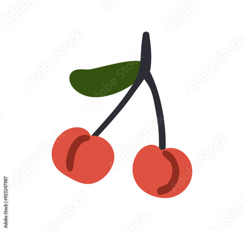 Cherries, two red berries pair on stem, branch with leaf. Fresh organic fruit...