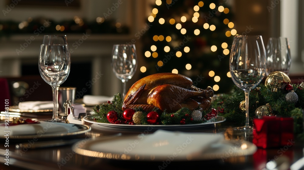 A beautifully set dinner table with a perfectly roasted turkey as the centerpiece, surrounded by wine glasses and festive decorations, and a Christmas tree in the background. A beautifully set dinner table with a perfectly roasted turkey as the centerpiece, surrounded by wine glasses and festive decorations, and a Christmas tree in the background.