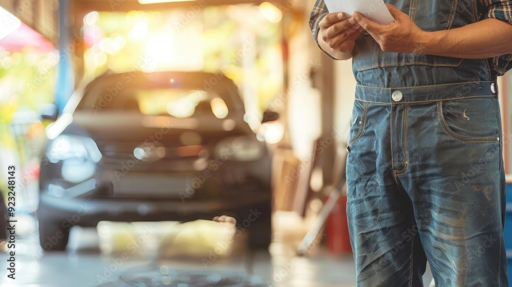 A man in a blue jumpsuit is standing in front of a car, holding a clipboard A man in a blue jumpsuit is standing in front of a car, holding a clipboard