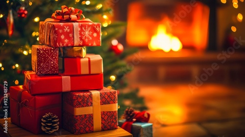 Stacked presents in front of a decorated Christmas tree with Santa Claus in the background, perfect for festive, holiday themes.