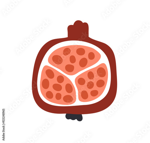 Pomegranate half, cut piece, cross-section. Granate fruit slice with seeds, f...